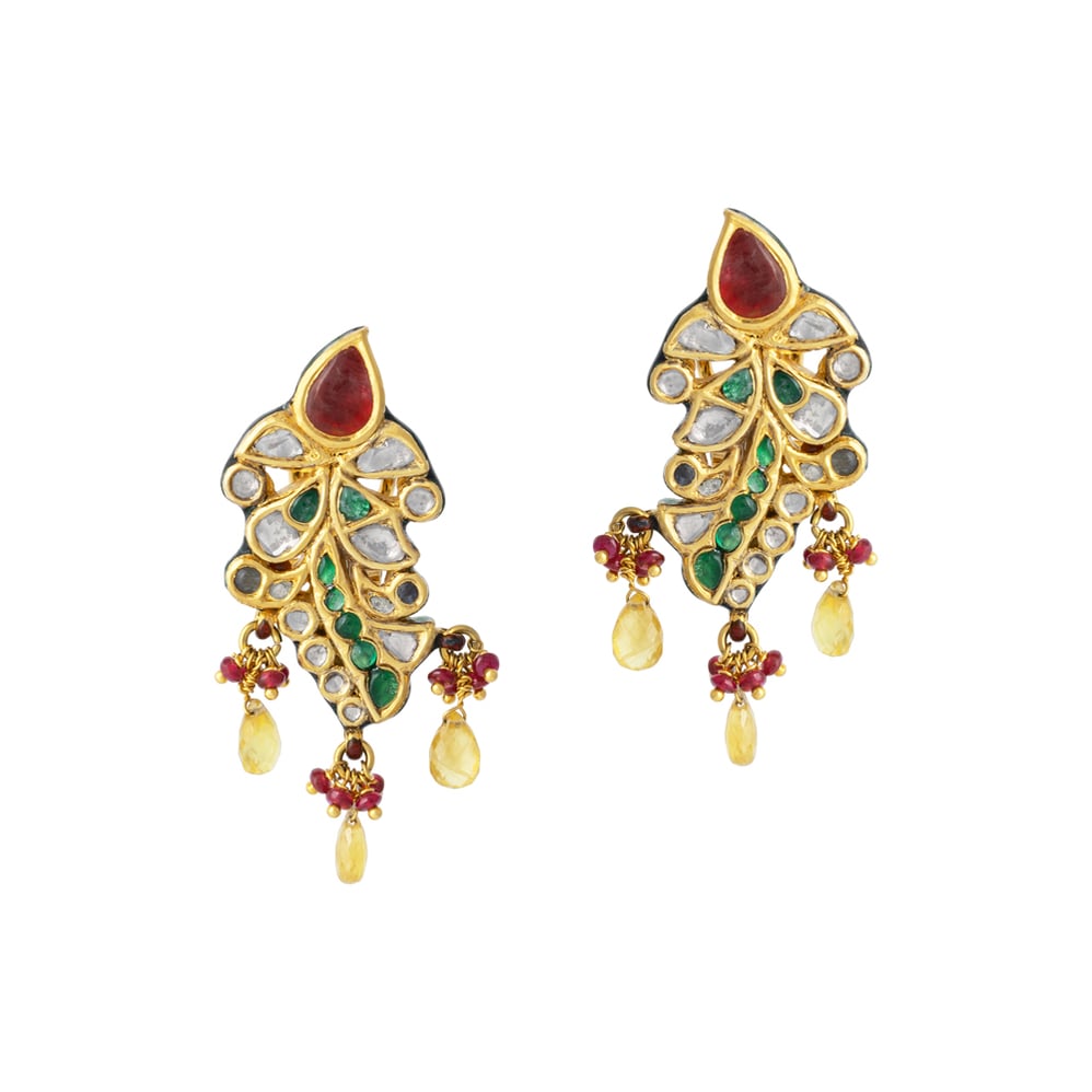 Leaf Polki Earrings with Green Talafs, Rubies & Sapphire Drops